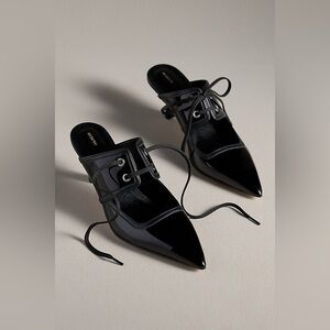 New Maeve x Anthropologie Black Contrast Lace-Up Kitten-Heel Mules Shoes 8.5